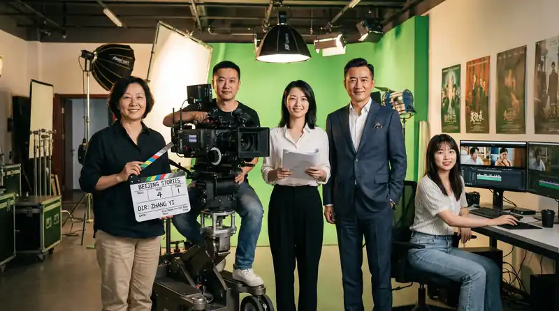 糖心vlog专业影视制作团队在现代化摄影棚中合影，展示导演、摄影师、编剧、制片人和剪辑师