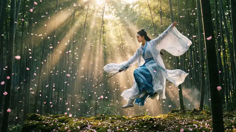 糖心vlog精彩影片预告片画面，竹林中女侠飞身舞剑